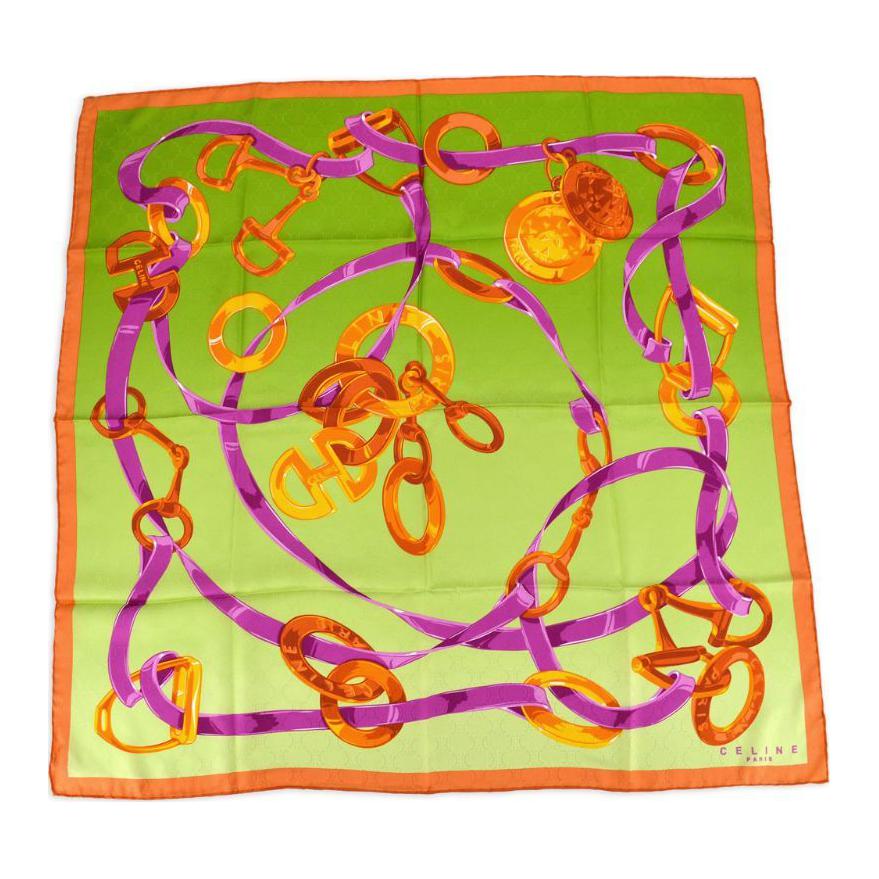CELINE Printed Pattern Silk Scarves Women's Bright Green/Orange/Purple