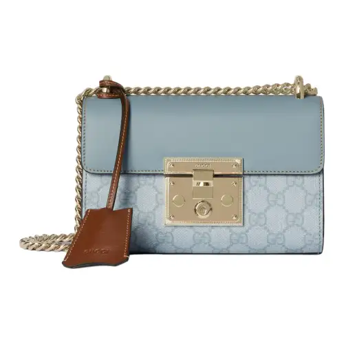 GUCCI Padlock Leather Paneled Canvas Box Bag, Shoulder Bag, Crossbody Bag Small Women's Gray Blue