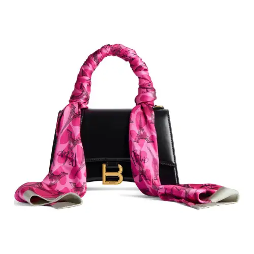 Balenciaga Hourglass Calfskin With Silk Shoulder Bag, Crossbody Bag, Handbag Small Women's Pink & Black