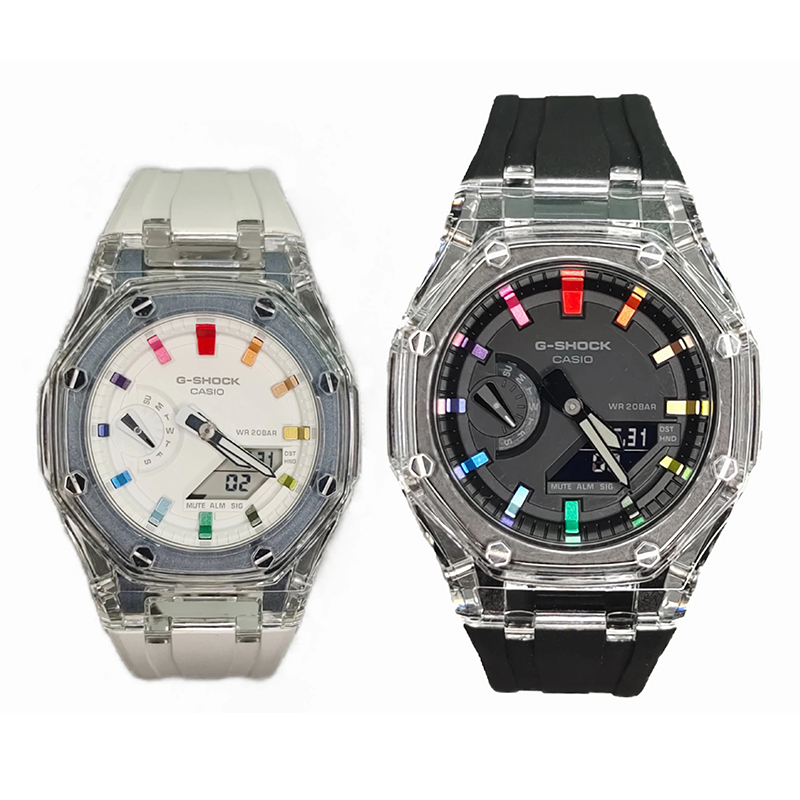 Casio, modified rainbow quartz rubber watch strap for men and women, white dial, custom-made, for beloved, quartz mechanism, Japanese and Korean