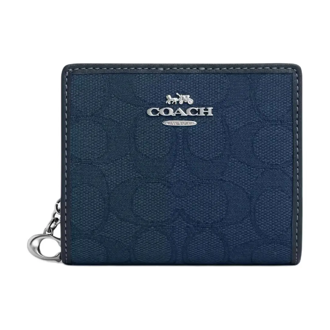 COACH Snap Wallet Cow Leather, Textile Wallet Regular Women's Silver With Dark Denim