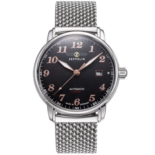 ZEPPELIN Mechanical mechanism, men's watch, black dial, watch strap stainless steel, 40