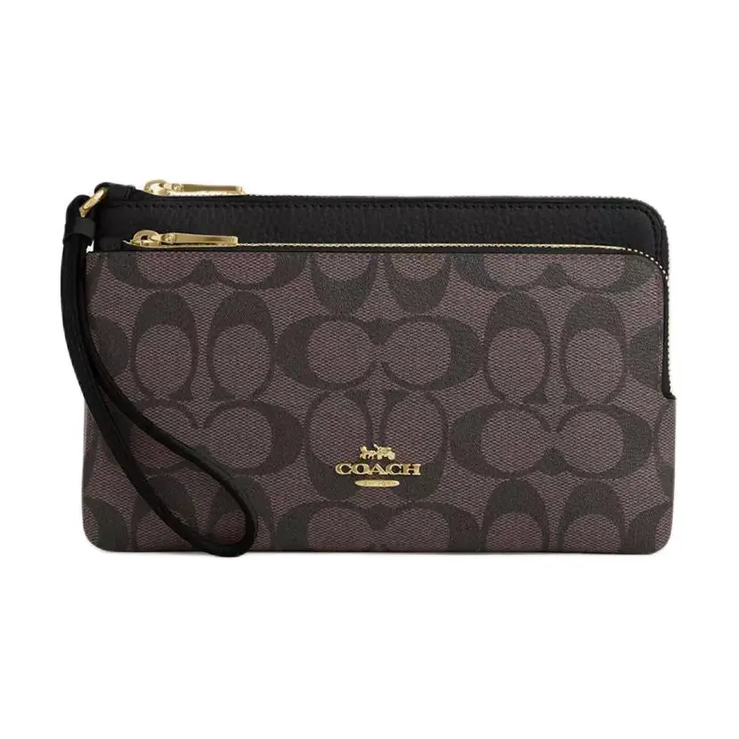 COACH Double Zip Wallet Signature Coated Canvas With Refined Pebbled Leather Clutch Wallet Regular Women's