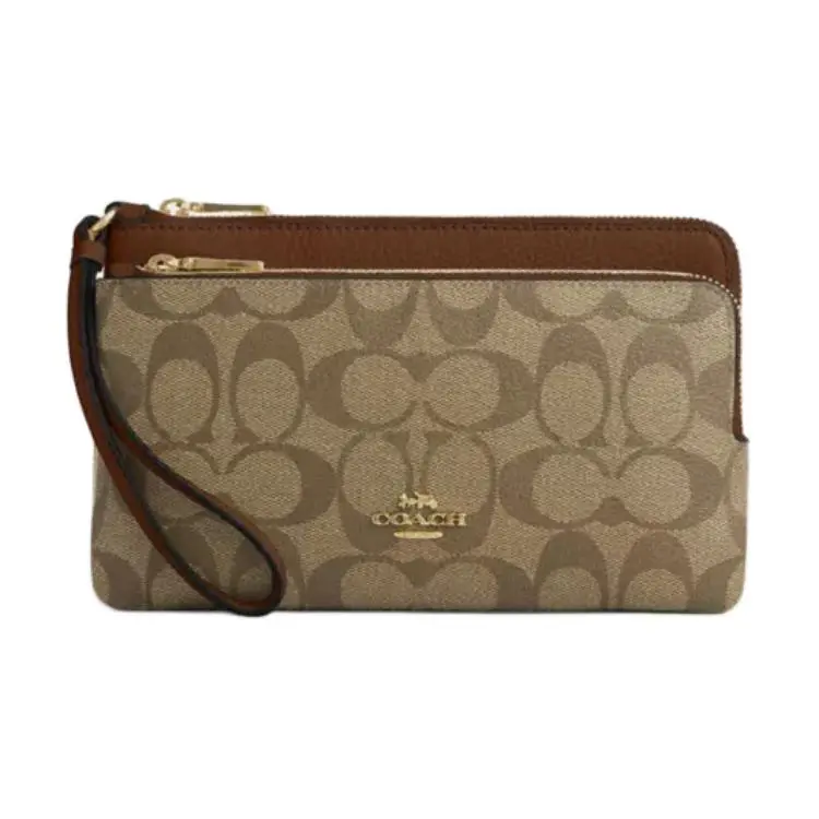 COACH Double Zip Wallet Signature Coated Canvas With Refined Pebbled Leather Clutch Wallet Regular Women's Gold & Khaki