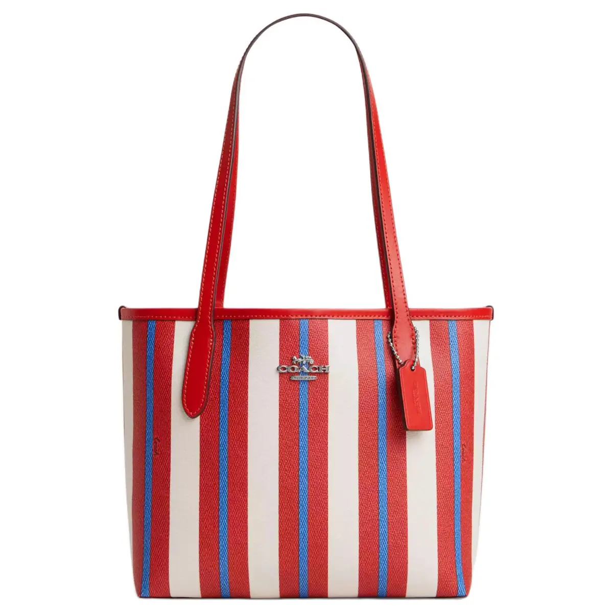 COACH City Coated Canvas With Smooth Leather Tote Bag, Shopping Bag, Shoulder Bag, Handbag Medium Women's Red & Blue