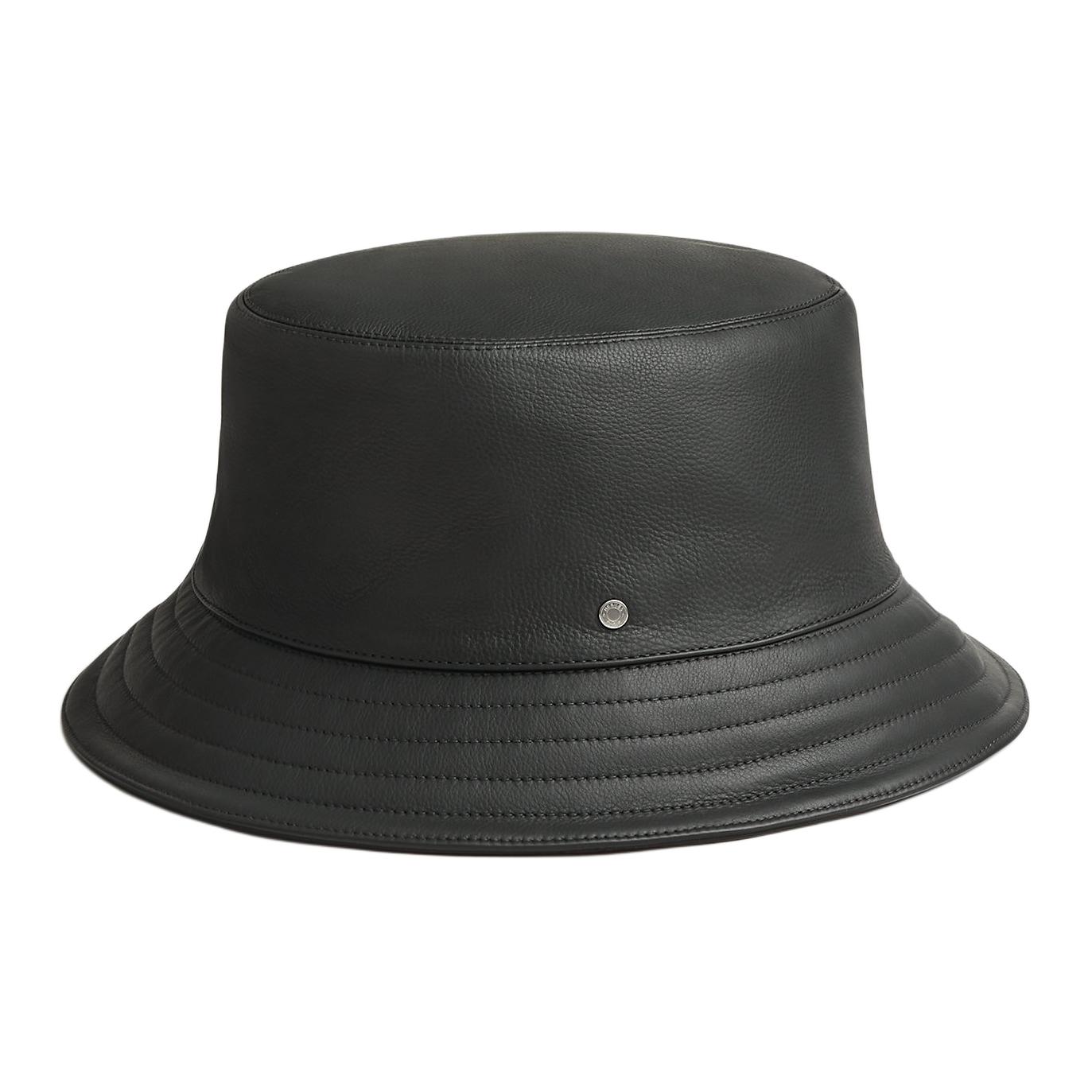 HERMES Calfskin, Silk, Rayon, Palladium Plated Bucket Hats Men's Black