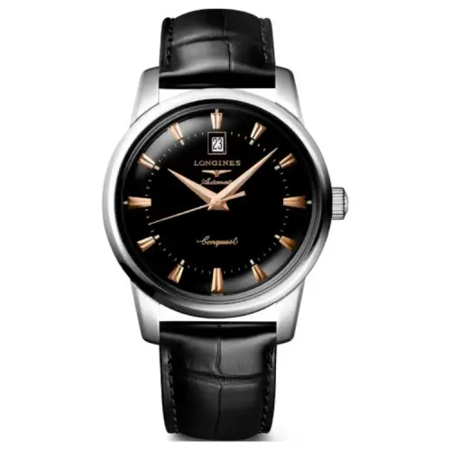 LONGINES Mechanical mechanism, waterproof women's watch, black dial stainless steel, case, watch strap, 30meter, 35mm, crocodile