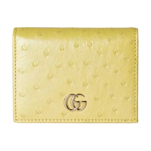 GUCCI GG Marmont Ostrich Leather Card Holder, Wallet Women's Light Yellow