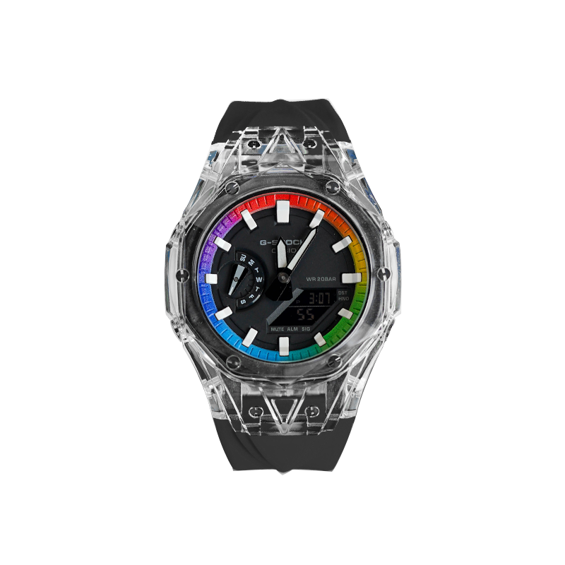 Casio, rainbow quartz rubber modified watch strap for men and women, black dial, custom-made, quartz mechanism, Japanese and Korean