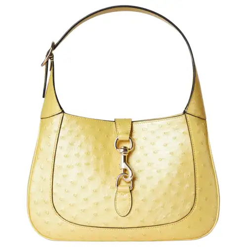 GUCCI Jackie Ostrich Leather Handbag, Shoulder Bag Small Women's Light Yellow