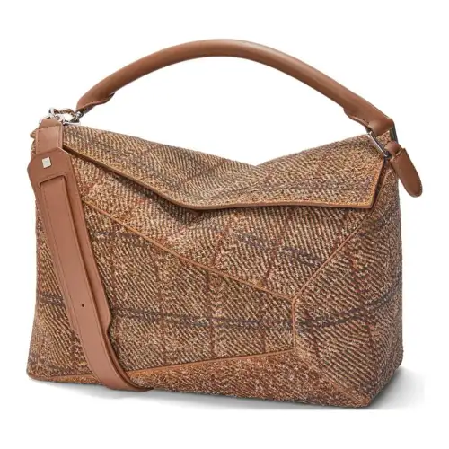 LOEWE Puzzle Plaid Cloth, Cow Split Leather Shoulder Bag, Crossbody Bag, Handbag Large Women's Tan
