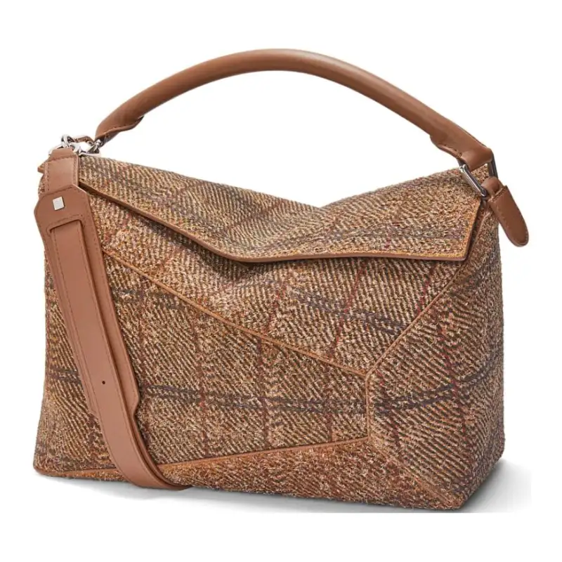 LOEWE Puzzle Plaid Cloth, Cow Split Leather Shoulder Bag, Crossbody Bag, Handbag Large Women's Tan