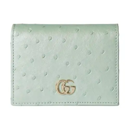 GUCCI GG Marmont Ostrich Leather Card Holder, Wallet Women's Light Green