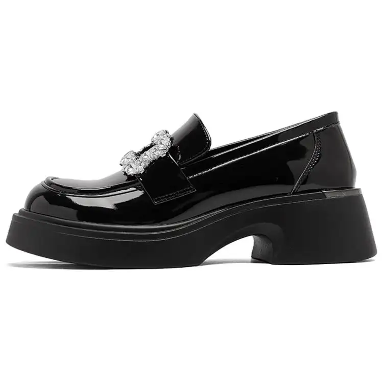 AGSDON PU French Hepburn feng shui diamond buckle British style mid-mouth small leather shoes with thick soles and heightening loafers 5cm women's style