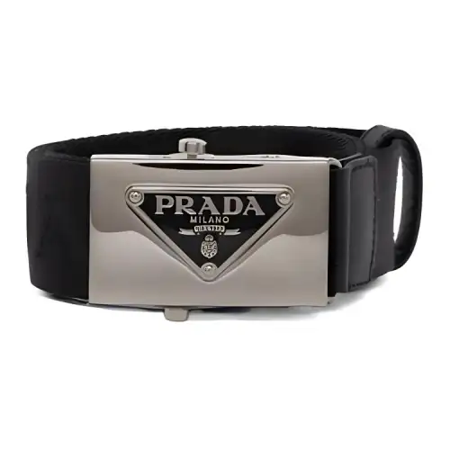 PRADA Badge Design Leather Belts Men's Black Width 3.5CM
