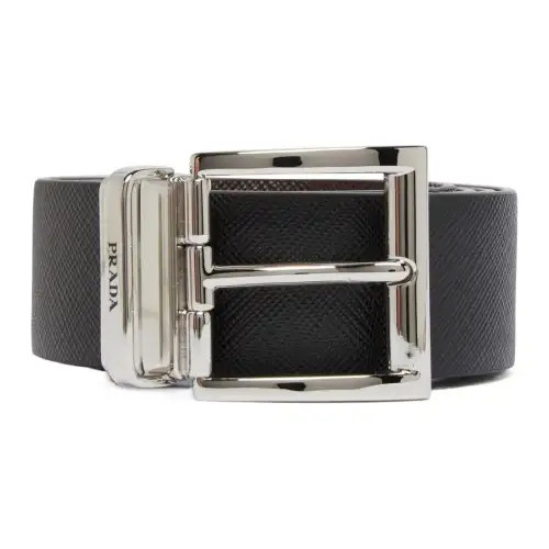 PRADA Badge Design Leather Belts Men's Black Width 3.3CM