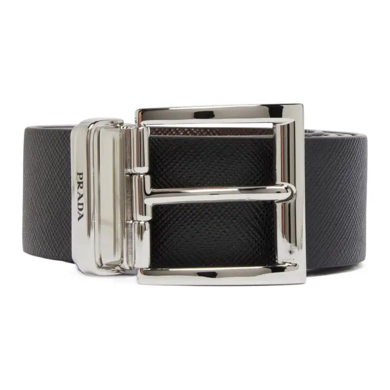 PRADA Badge Design Leather Belts Men's Black Width 3.3CM