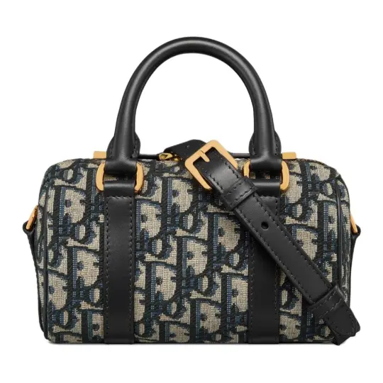 DIOR Groove Grain Cow Leather With Textile Boston Bag, Shoulder Bag, Crossbody Bag, Handbag Mini Women's Blue Black