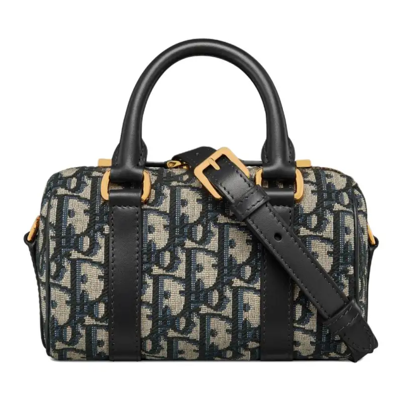 DIOR Groove Grain Cow Leather With Textile Boston Bag, Shoulder Bag, Crossbody Bag, Handbag Mini Women's Blue Black