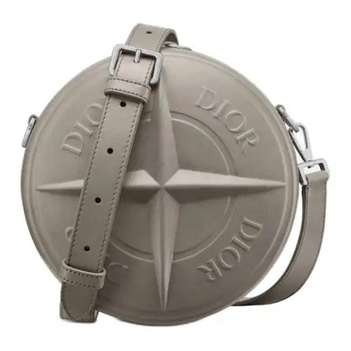 DIOR STONE ISLAND Cow Leather Small Round Bag, Shoulder Bag, Crossbody Bag Men's Gray