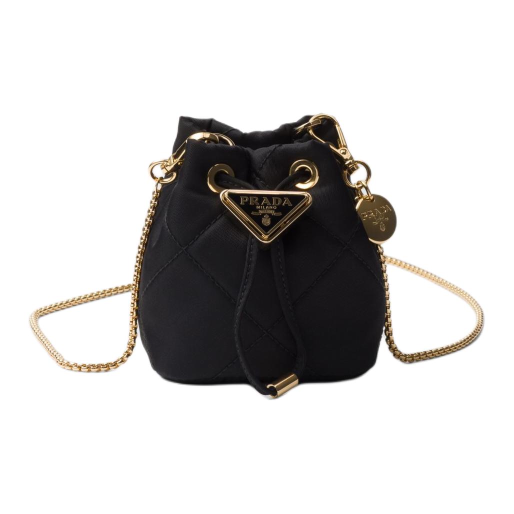 PRADA Prada, enamel, triangle, regenerated nylon one-shoulder bag, small black small clutch bag, drawstring