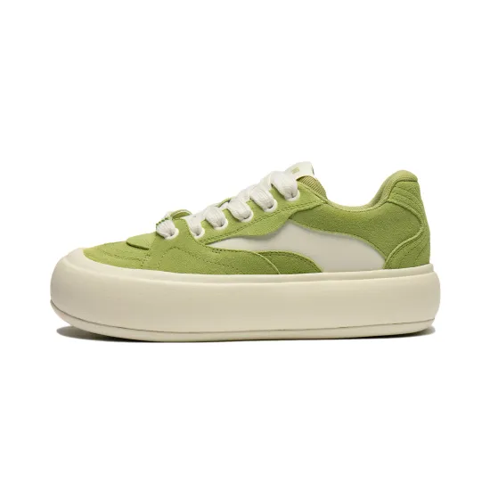 LiNing Puff Platform Skateboard Shoes Women's Low-Top Fresh Moss Green/Cream White