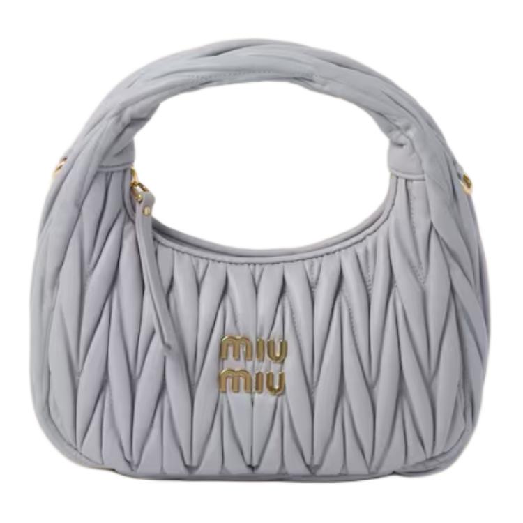 MIU MIU Wander Soft Sheep Leather Hobo Bag, Crescent Bag, Shoulder Bag, Crossbody Bag, Handbag Small Women's Pearl Gray