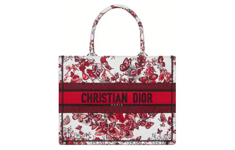 DIOR BookTote Embroidery Tote Bag, Shopping Bag, Handbag Medium Women's Red
