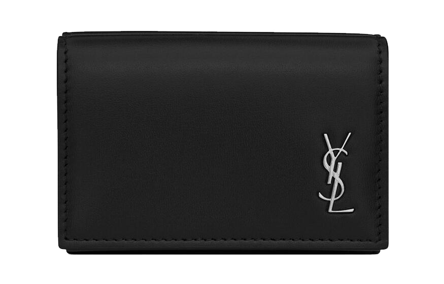 SAINT LAURENT Yves Saint Laurent YSL CASSANDRA signature logo snap closure shiny smooth calfskin tri-fold wallet small men's black