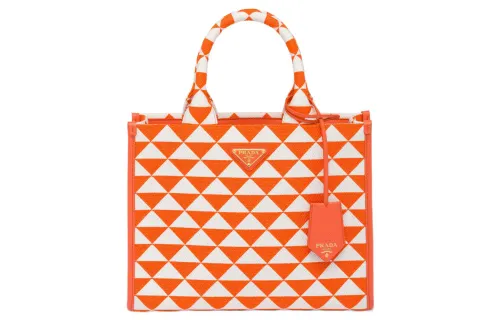 PRADA Fabric With Leather Tote Bag, Shopping Bag, Handbag Small Women's Orange/White