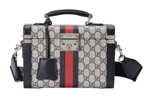 GUCCI Canvas With Leather Portable One Shoulder Crossbody Makeup Bag Women's Beige/Blue