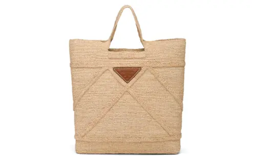 PRADA Woven Wicker Handbag Women's Beige/Cognac