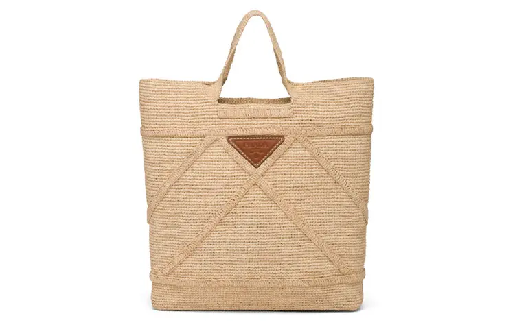 PRADA Woven Wicker Handbag Women's Beige/Cognac