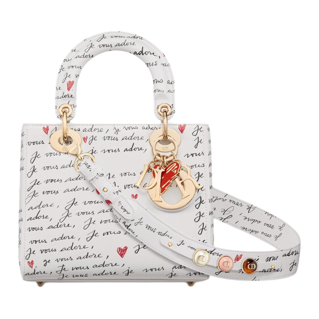 DIOR Dior Lady Dior My ABCDior love metal pendant adjustable shoulder strap Je Vous Adore cow leather one-shoulder crossbody handbag small women's white
