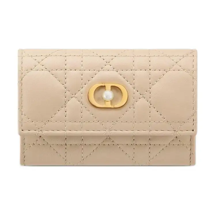 DIOR Jolie Wicker Pattern Lambskin Wallet Women's Pink Beige