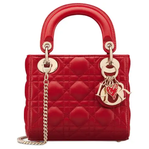 DIOR Lady Dior Wicker Pattern Cow Leather Handbag, Shoulder Bag, Crossbody Bag, Handbag Mini Women's Red