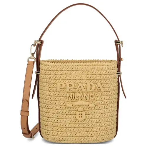 PRADA Synthetic Raffia With Calfskin Trim Bucket Bag, Shoulder Bag, Crossbody Bag, Handbag Regular Women's Beige