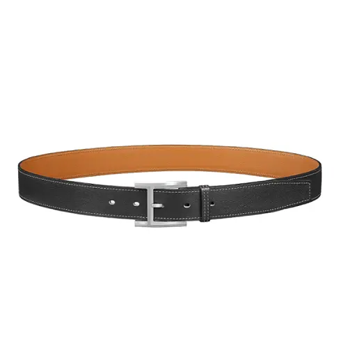 HERMES Double Sided Palladium Plated Leather Belts Men's Black/Brown Width 3.2CM