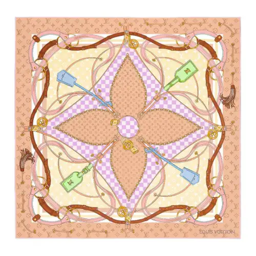LOUIS VUITTON Flower And Straps Silk Scarves Women's Light Umber