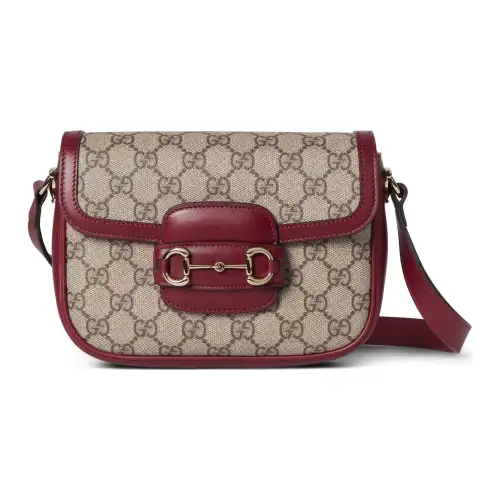 GUCCI Horsebit 1955 Canvas With Leather Crossbody Bag, Shoulder Bag Mini Small Women's Beige & Red