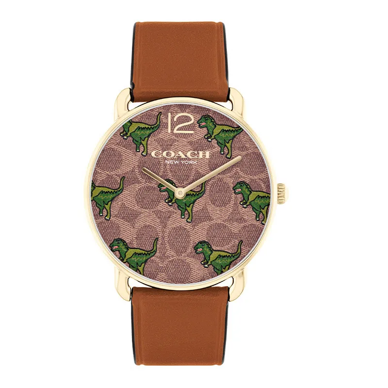 COACH ELLIOT European/US Watches Creative Small Dinosaur Wrist Watches Quartz Movement Leather Strap Tan Watch Dial