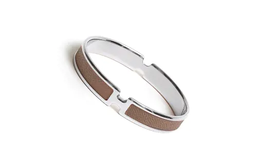 HERMES Palladium Plated Metal With Calfskin Bangles Women's Brown