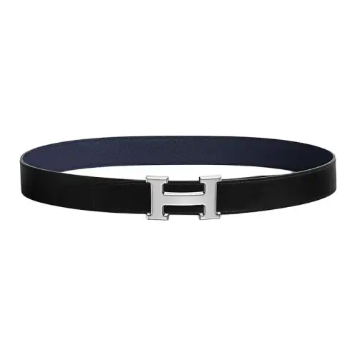 HERMES Double Sided Brass Leather Belts Men's Black/Blue Width 3.2cm