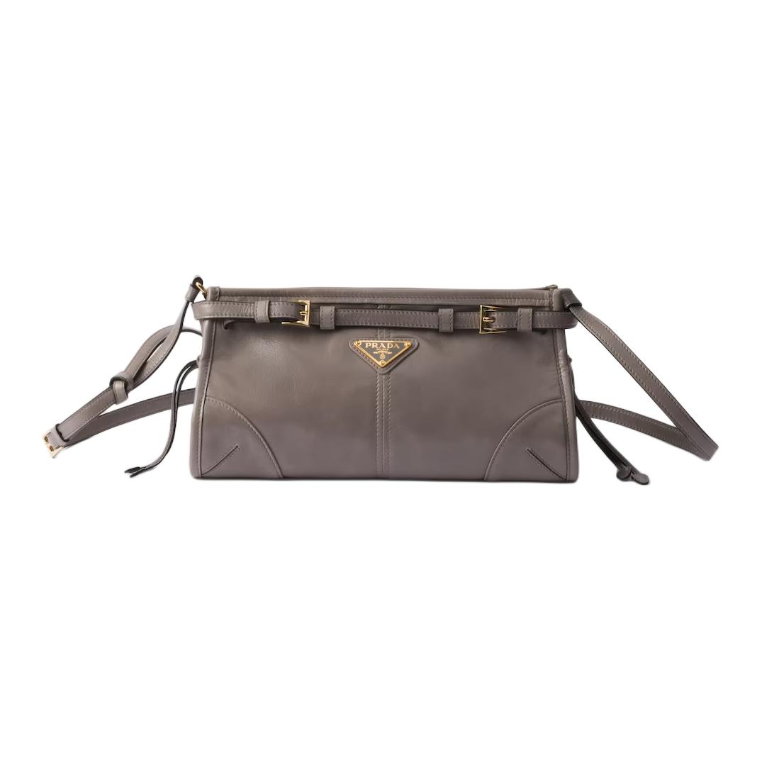 PRADA Bonnie Leather Handbag, Shoulder Bag Small Women's Asphalt Gray