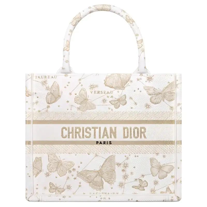 DIOR BookTote Embroidery Tote Bag, Shopping Bag, Handbag Small Women's Gold & White