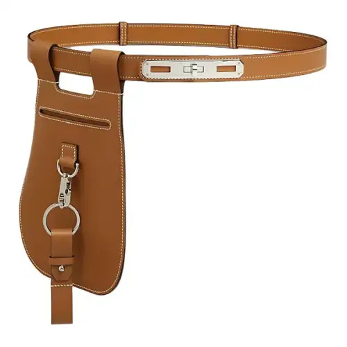 HERMES Calfskin, Palladium Plated Metal Leather Belts Women's Brown Width 2.4CM