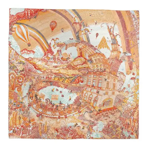 HERMES Les Folies Du Faubourg Mulberry Silk Scarves Women's Orange