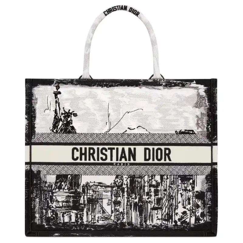 DIOR Embroidery Tote Bag, Shopping Bag, Handbag Large Women's Black White