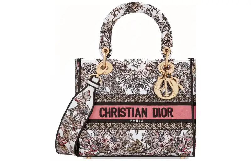 DIOR Lady D Lite Embroidery Handbag, Shoulder Bag, Crossbody Bag, Handbag Medium Women's White & Light Pink