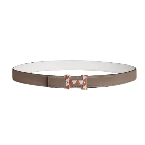 HERMES Logo Design, Smooth Buckle Leather Belts Women's Gray Width 2.4CM